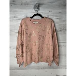 LOFT Sweater Womens XL Pink Paisley Glitter Metallic Knit Pullover Long Sleeve